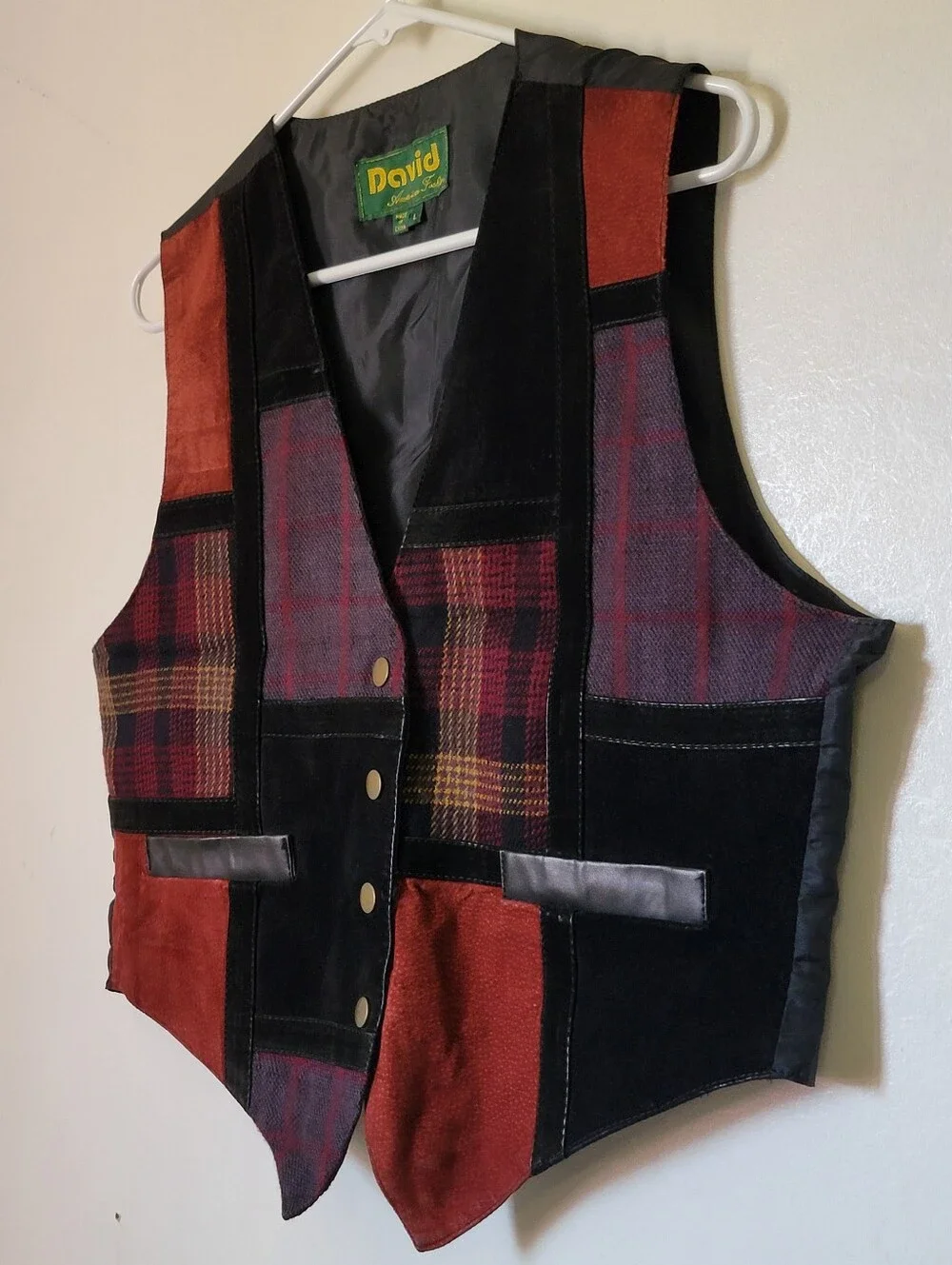 Vintage David American Fashion 90's Patchwork Vest Mixed Media Plaid Suede Sz L